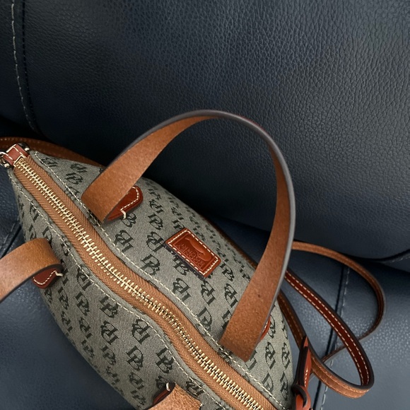 AUTHENTIC Dooney & Bourke Brown and Hunter Green Monogram Satchel - Picture 8 of 13